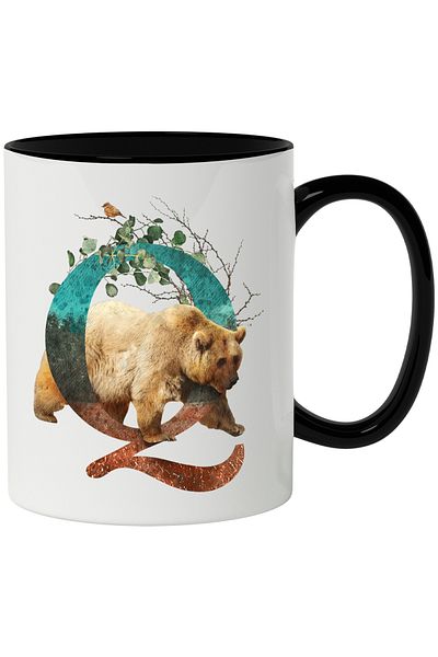 StoryGift Romania Mug With Letter, Q, Bear, Sparrow, Multicolor 330 ml, Ceramic with Black Handle, With Black Handle