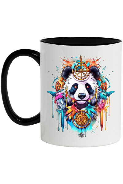 StoryGift Romania Cana Cu Panda, Compas, Pene Colorate, Pandantiv, Watercolor Efect, Multicolor 33, Cu Maner Negru