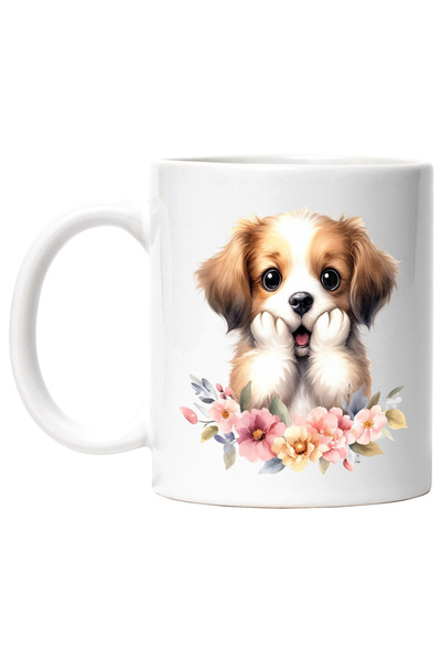 StoryGift Romania Cana cu un catelus uimit, socat, floricele cu diferite culo...