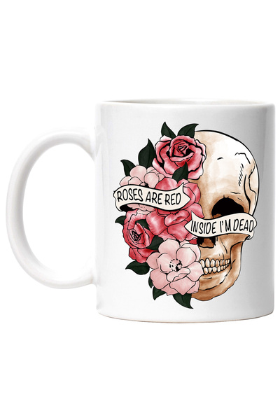 StoryGift Romania Cana cu un craniu "Roses are red, inside I'm dead", ilustratie, trandafiri, rosi, Cu Maner Alb