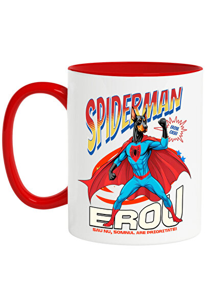 StoryGift Romania Cana cu Doberman Pinscher Caine In Costum de SpiderMan cu Pelerina, Erou Nocturn, Cu Maner Rosu