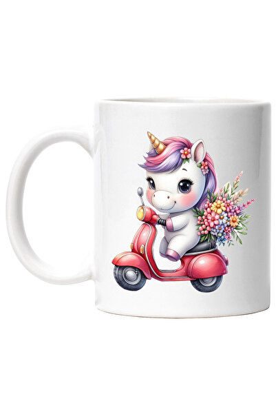 StoryGift Romania Mug with a unicorn riding a scooter, illustration, blush, flowers, ca, With ,STG.