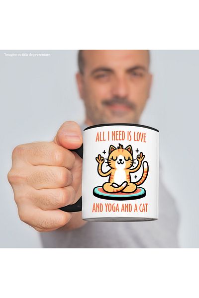 StoryGift Romania Mug with a meditating kitty with the message "All I need is love and yoga and a ca, With ,STG