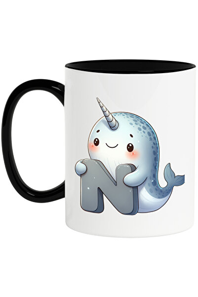 StoryGift Romania Cana cu balena cu corn (narval) cu litera "N", ilustratie, ...