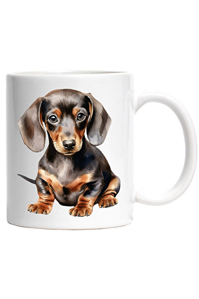 StoryGift Romania Cana cu un catel Dachshund surprins | ilustratie | curios | pentru iubitorii de , Cu Maner Alb