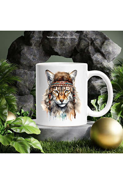 StoryGift Romania Cana cu o felina, ilustratie, diferite simboluri de la indieni, indigeni, serioa, Cu Maner Alb