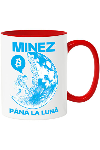 StoryGift Romania Cana minez pana la luna astronaut bitcoin moneda , 330ml, Ceramic cu Maner Rosu, Cu Maner Rosu