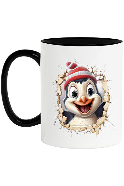 StoryGift Romania Cana cu un pinguin care poarta o caciula | ilustratie | scoate capul printr-un z, Cu Maner Negru