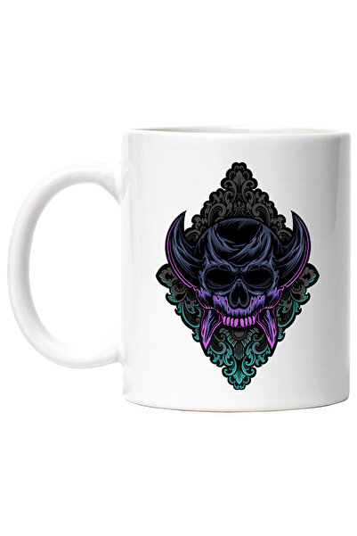 StoryGift Romania Cana Cu Craniu, Romb, Demon, Coarne, Multicolor 330 ml, Ceramica cu Maner Alb, Cu Maner Alb