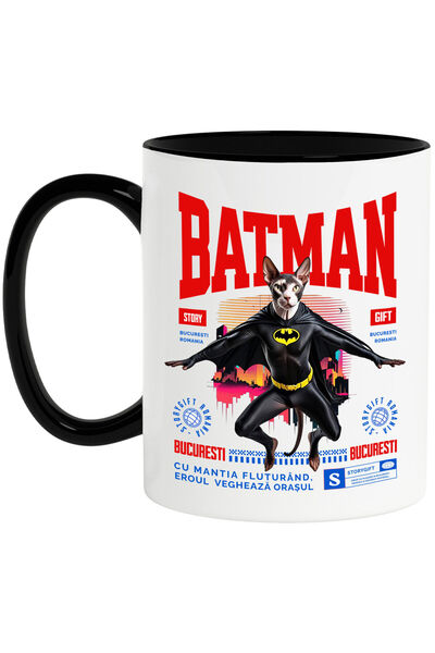 StoryGift Romania Cana cu Sphynx Pisica In Costum de BatMan cu Pelerina, Erou Nocturn, Desene anim, Cu Maner Negru