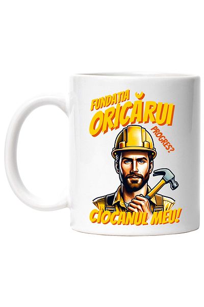 StoryGift Romania Cana Barbat Constructor Fundatia oricarui progres Ciocanul meu!, 330ml, Ceramic , Cu Maner Alb