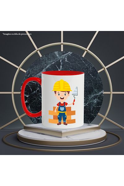 StoryGift Romania Cana Cu Constructii, Muncitor, Zidar, Caramida, Casca, Echipament, Multicolor 33, Cu Maner Rosu
