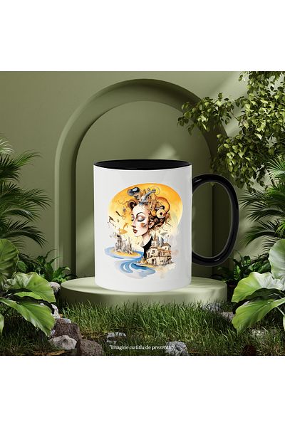 StoryGift Romania Mug With Woman, Castle, Sun, Water, Island, Houses, Beach, Abstract, Multicolor 33, With ,STG