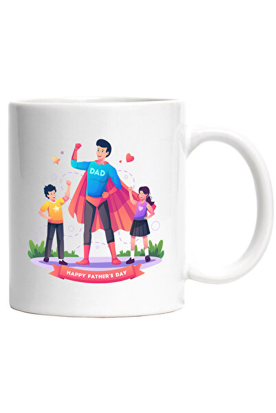 StoryGift Romania Cana Cu Mesaj In Engleza Happy Father's Day, Ziua Tatalui, Supererou, Stele, Cop, Cu Maner Alb