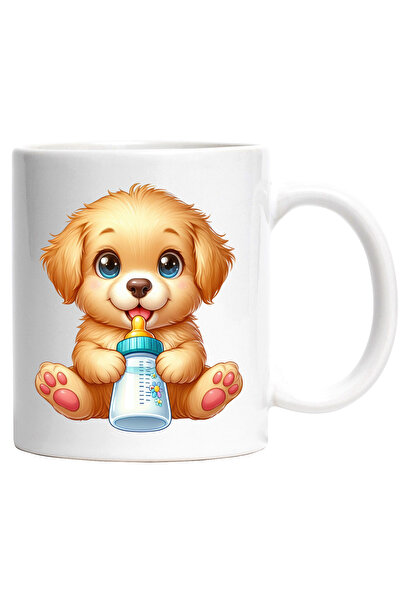 StoryGift Romania Cana cu un catelus Golden Retriever care tine un biberon cu...