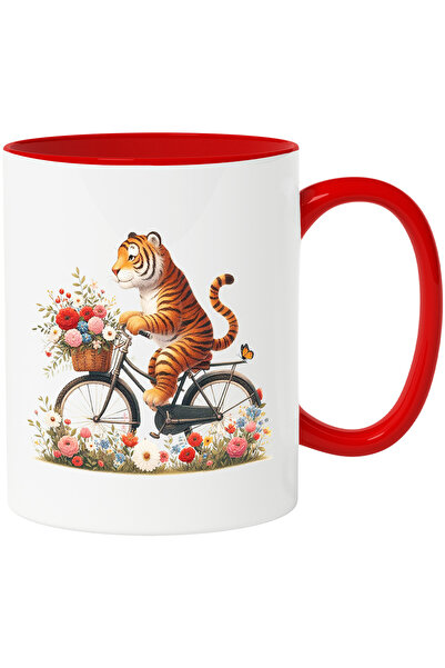 StoryGift Romania Cana cu un tigru care merge cu bicicleta | ilustratie | plimbare | cosulet cu fl, Cu Maner Rosu