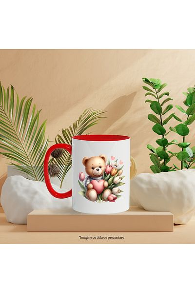 StoryGift Romania Mug with a teddy bear holding a heart | illustration | tulips by d, With ,STG