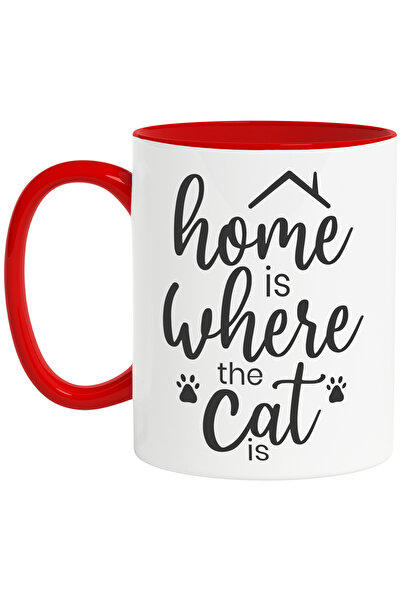 StoryGift Romania Cana pentru iubitorii de pisici cu textul "Home is where the cat is" - acasa e a, Cu Maner Rosu
