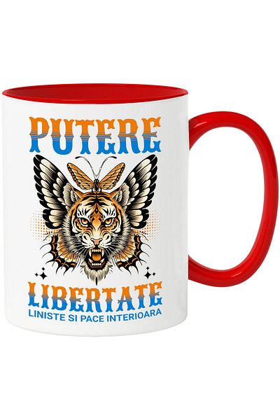 StoryGift Romania Cana cu Tigru Furios Cu Colti Aripi De Flutur Text Putere Libertate Motivational, Cu Maner Rosu
