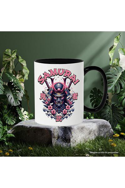 StoryGift Romania Samurai Mug - Flowers, Sword, Illustration, 330ml, Ceramic with Black Handle, With Black Handle, STG