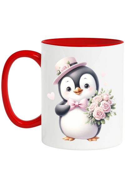 StoryGift Romania Mug with a penguin holding a bouquet of roses, illustration, hat, pink, , With ,STG