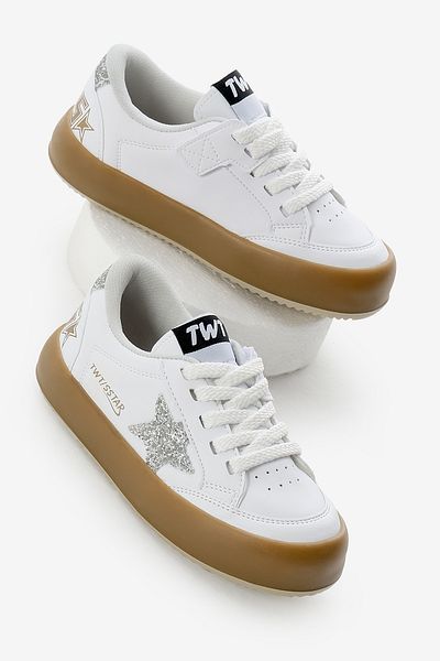 Tonny Black Children's Unisex White Silver Thermo Sole Star Detailed Lace up and Velcro Sports Shoes
