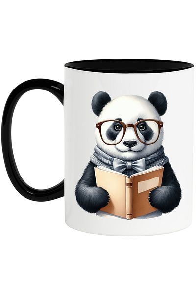 StoryGift Romania Mug with a Panda bear holding a book, illustration, glasses, nerd, bow tie, l, With, STG