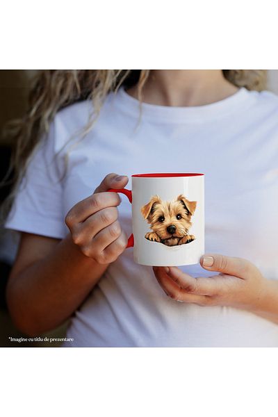 StoryGift Romania Mug with a small furry puppy | illustration | light brown | looking up, With ,STG