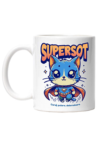 StoryGift Romania Cana Super Sot, SuperErou, Pisica Zburand, 330ml, Ceramic cu Maner Alb, Cu Maner Alb