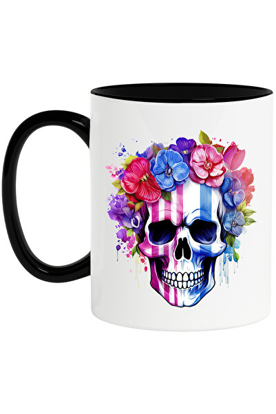 StoryGift Romania Cana cu un craniu, ilustratie, flori, rosii, albastre, plante, abstract cu Maner, Cu Maner Negru