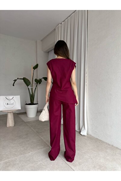 My Blog Claret Red Asymmetrical Blouse Trousers Suit - 7227