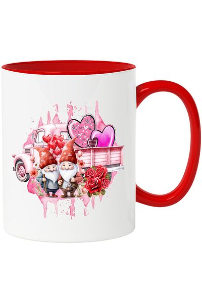 StoryGift Romania Mug with 2 dwarfs and a car, colorful hearts, roses, pink background, Valentine', With ,STG
