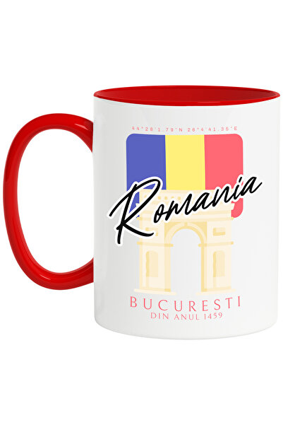 StoryGift Romania Cana Romania, Bucuresti - Arcul de Triumf, 330ml, Ceramic cu Maner Rosu, Cu Maner Rosu