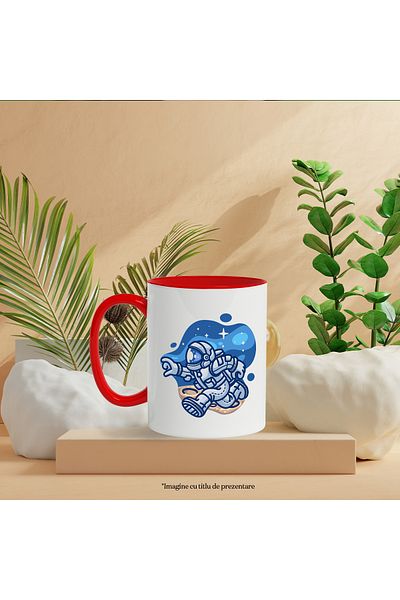 StoryGift Romania Cana Cu Astronaut, Luna, Spatiu, Stele, Multicolor 330 ml, Ceramica cu Maner Ros, Cu Maner Rosu