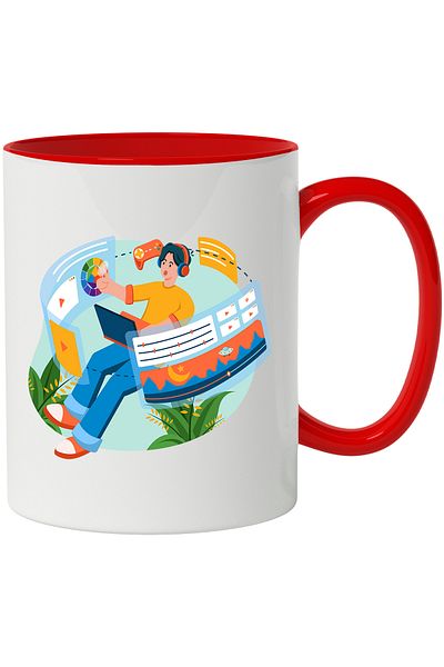 StoryGift Romania Cana Cu Casti, Laptop, Ecran, Plante, Controller, Jocuri, Videocliouri, Multicol, Cu Maner Rosu