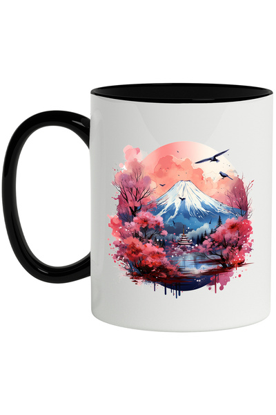 StoryGift Romania Cana Cu Muntele Fuji: Zapada, Lac, Templu, Flori De Cires, Multicolor 330 ml, Ce, Cu Maner Negru