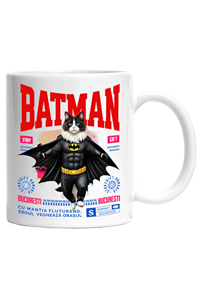 StoryGift Romania Cana cu Ragdoll Pisica In Costum de BatMan cu Pelerina, Erou Nocturn, Desene ani, Cu Maner Alb