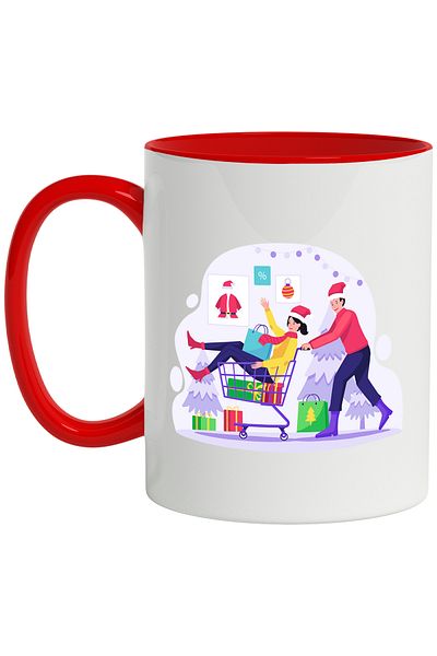 StoryGift Romania Cana Cu Carucior, Costum, Brad, Craciun, Multicolor 330 ml, Ceramica cu Maner Ro, Cu Maner Rosu