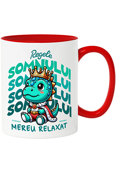 StoryGift Romania Cana Dinozaur Cu Coroana Text Haios Regele Somnului, 330ml, Ceramic cu Maner Ros, Cu Maner Rosu