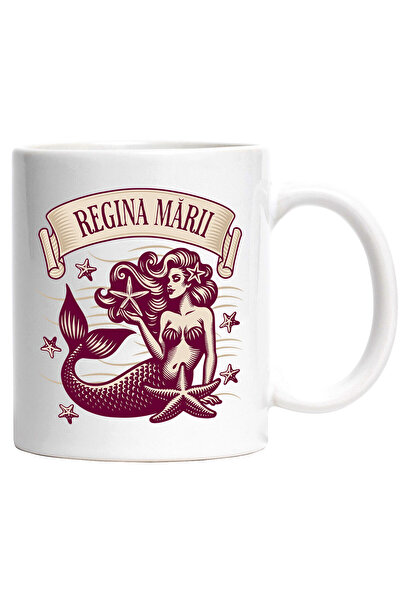 StoryGift Romania Cana cu Sirena Cu Stele De Mare, Lume Acvatica text regina marii, Ceramica, 330M, Cu Maner Alb