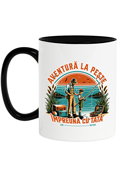 StoryGift Romania Cana Aventura la Peste - impreuna cu Tata pescuit, 330ml, Ceramica cu Maner Negr, Cu Maner Negru