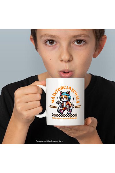 StoryGift Romania Cana Pisica Obosita Motan Cool Ma Intorc La Scoala, 330ml, Ceramic Cu Maner Alb, Cu Maner Alb Stg