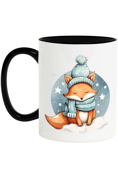 StoryGift Romania Cana cu o vulpe somnoroasa | ilustratie | imbracata gros | adormita | frig | noa, Cu Maner Negru