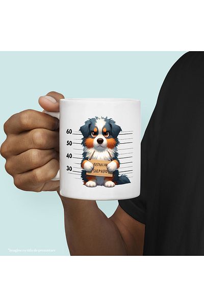 StoryGift Romania Cana cu ciobanesc australian la puscarie, caine, animal de companie, ilustratie,, Cu Maner Alb