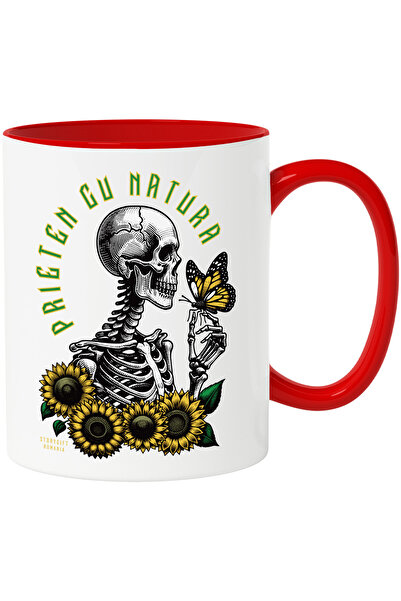 StoryGift Romania Cana prieten cu natura schelete si fluture flori , 330ml, Ceramic cu Maner Rosu, Cu Maner Rosu