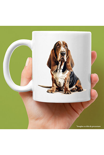 StoryGift Romania Cana cu un catelus serios, ilustratie, urechile lasate, pentru iubitorii de cain, Cu Maner Alb