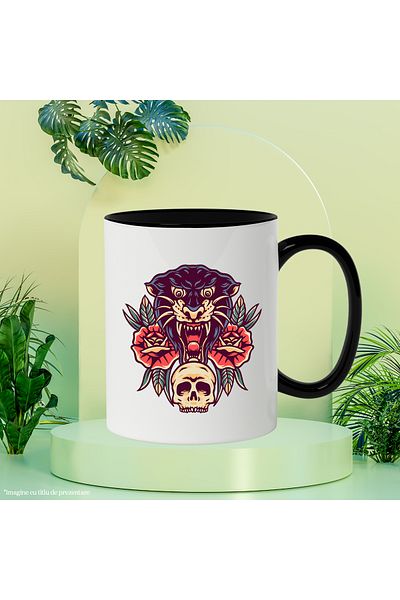 StoryGift Romania Panther Head Mug, Skull, Roses, Flowers, Fangs, Retro, Multicolor 330 , With ,STG