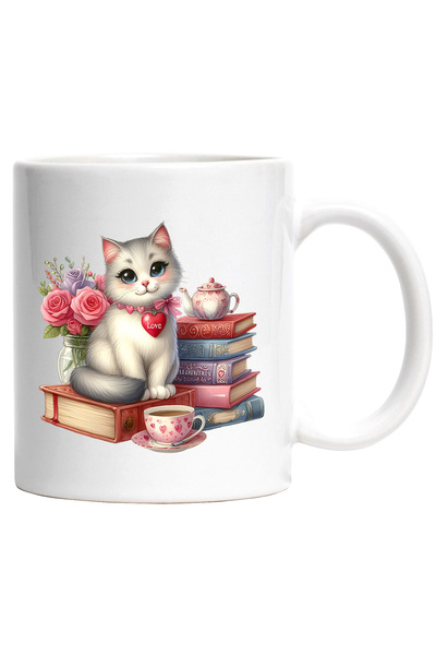 StoryGift Romania Cana cu o pisicuta vesela | alba | cenusie | teanc cu carti...