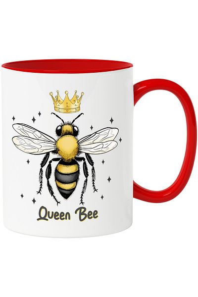 StoryGift Romania Mug with a bee with a crown and stars around it with the message "Queen Bee", queen of, with a red handle
