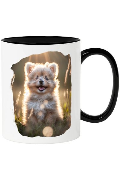 StoryGift Romania Cana cu Portret Caine Dragut, Rasa Pomeranian, Fericit, Zambind, Pufos, Catei, I, Cu Maner Negru